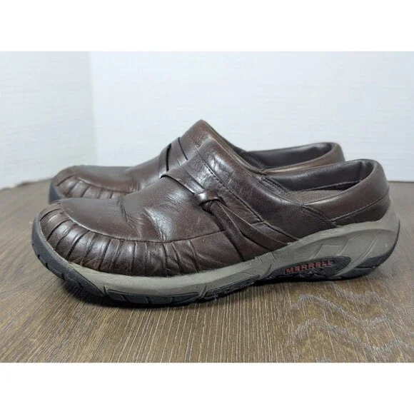 Merrell | Shoes | Merrell Encore Slip On Shoes Womens 75 Brown Leather  Mules Comfort Logo | Poshmark